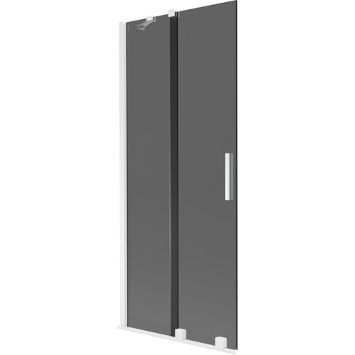 Dwuskrzydłowy, rozsuwany parawan nawannowy w kolorze grafitowym z białymi elementami, posiada prostokątną, pionową rączkę. Produkt ma minimalistyczny design i jest przeznaczony do montażu na wannie.