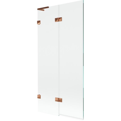 Dwuskrzydłowy parawan nawannowy o wymiarach 90 x 150 cm, wykonany z przezroczystego szkła, z elementami w kolorze różowego złota. Produkt ma prosty, nowoczesny design z widocznymi metalowymi zawiasami.