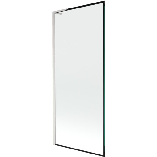 Przesłane zdjęcie przedstawia jednoskrzydłowy parawan nawannowy o wymiarach 80 x 150 cm z czarną ramką i niklowanym szczotkowanym wykończeniem. Produkt ma prostą, nowoczesną konstrukcję z przezroczystym szkłem.