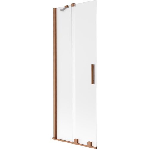 Dwuskrzydłowy parawan nawannowy o wymiarach 75 x 150 cm, wykonany z przezroczystego szkła z matowym wykończeniem, z elementami w kolorze miedzi szczotkowanej. Produkt posiada prostokątny uchwyt oraz mocowania w tym samym kolorze.