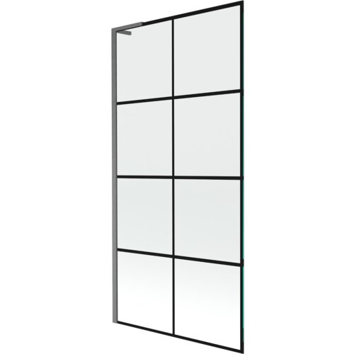 Jednoskrzydłowy parawan nawannowy o wymiarach 90 x 150 cm z czarną kratką i szczotkowanym wykończeniem w kolorze gun gray. Produkt ma prostokątną formę z metalową ramą i przezroczystymi panelami podzielonymi na mniejsze prostokąty.