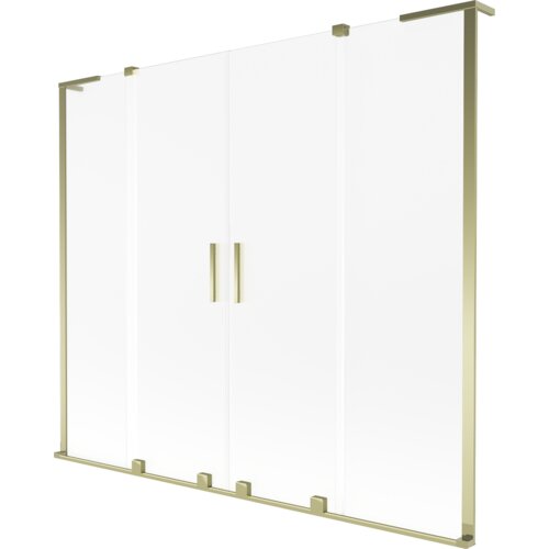 Dwuskrzydłowy parawan nawannowy o wymiarach 170 x 150 cm, wykonany z przezroczystego szkła z matowym wykończeniem, posiada złote ramy i uchwyty. Produkt ma prosty, nowoczesny design.