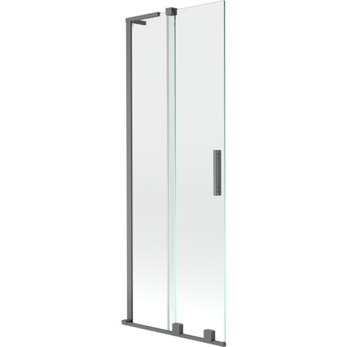 Przesłane zdjęcie przedstawia dwuskrzydłowy, rozsuwany parawan nawannowy o wymiarach 70 x 150 cm, wykonany z przezroczystego szkła i wykończony w kolorze gun metal. Produkt ma prostokątną formę z metalowymi elementami konstrukcyjnymi i uchwytem.
