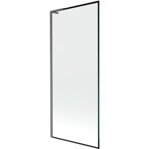 Na zdjęciu znajduje się prostokątny parawan nawannowy z przezroczystego szkła, otoczony czarną ramką. Produkt ma minimalistyczny design i jest wykonany w kolorze gun gray szczotkowanym.