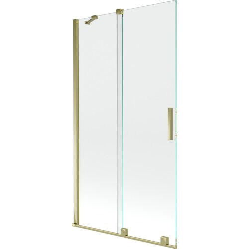 Przesłane zdjęcie przedstawia dwuskrzydłowy, rozsuwany parawan nawannowy o wymiarach 100 x 150 cm, wykonany z transparentnego szkła z elementami w złotym kolorze. Produkt ma prosty, nowoczesny design z pionowym uchwytem na jednym ze skrzydeł.
