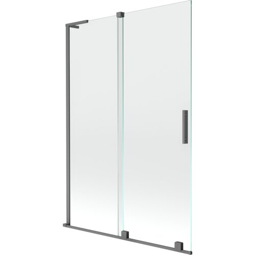Dwuskrzydłowy, rozsuwany parawan nawannowy o wymiarach 120 x 150 cm, wykonany z przezroczystego szkła, z metalowymi elementami w kolorze gun metal. Produkt posiada prostokątną, pionową rączkę na jednym ze skrzydeł.