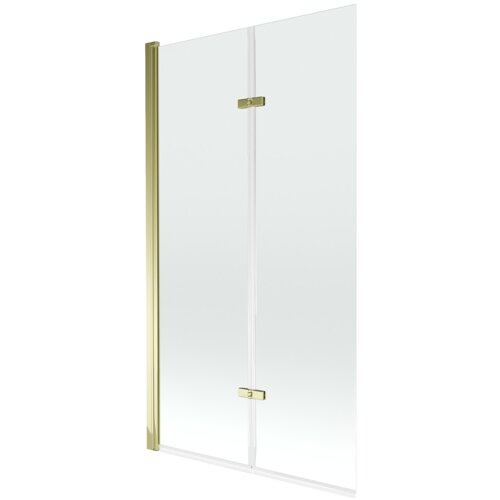 Dwuskrzydłowy parawan nawannowy o wymiarach 100 x 150 cm, wykonany z transparentnego szkła, z elementami w złotym kolorze. Produkt marki Mexen Castor.