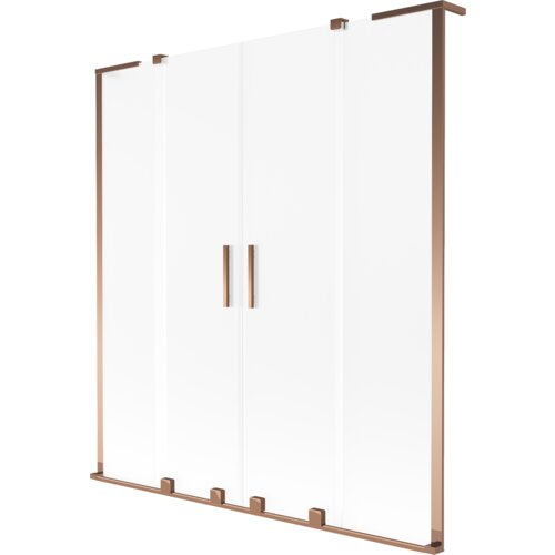 Na zdjęciu znajduje się dwuskrzydłowy parawan nawannowy o wymiarach 150 x 150 cm, wykonany z przezroczystego szkła z matowym wykończeniem i elementami w kolorze różowego złota. Parawan posiada dwa pionowe uchwyty umieszczone na środku.