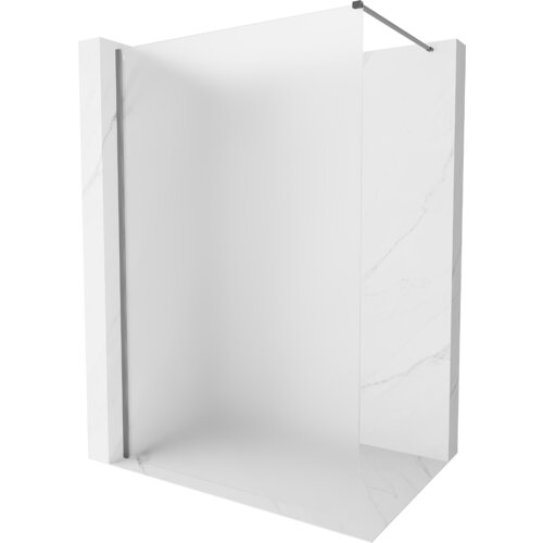 Przedstawione jest zdjęcie ścianki prysznicowej typu walk-in o wymiarach 70 x 200 cm, wykonanej z mrożonego szkła o grubości 10 mm, w kolorze gun metal. Ścianka jest zamontowana na białej, marmurowej powierzchni z widocznym metalowym wspornikiem.