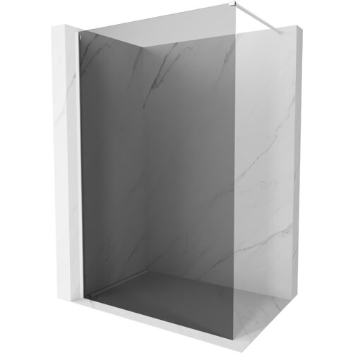 Na zdjęciu widoczna jest ścianka prysznicowa typu walk-in o wymiarach 150 x 200 cm, wykonana z grafitowego szkła o grubości 10 mm, z białymi elementami wykończenia. Ścianka jest umieszczona w narożniku, a jej powierzchnia ma delikatny wzór przypominający marmur.