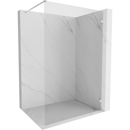 Na zdjęciu znajduje się ścianka prysznicowa typu walk-in o wymiarach 150 x 200 cm, wykonana z przezroczystego szkła o grubości 8 mm, z elementami w kolorze niklu szczotkowanego. Ścianka jest umieszczona w narożniku wyłożonym płytkami imitującymi biały marmur z delikatnymi szarymi żyłkami.