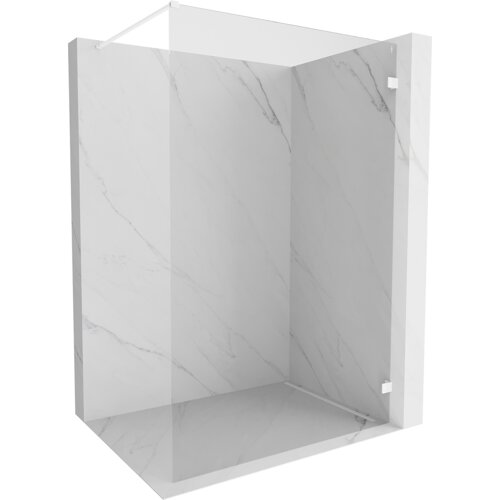 Przedstawiono ściankę prysznicową typu walk-in o wymiarach 160 x 200 cm, wykonaną z transparentnego szkła o grubości 8 mm, z białymi elementami montażowymi. Ścianka jest umieszczona w narożniku z marmurowym wzorem na ścianach i podłodze.