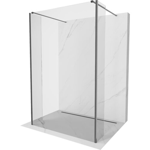 Przeszklona ścianka prysznicowa o wymiarach 105 x 30 x 30 cm z transparentnym szkłem i szczotkowanymi, szarymi profilami. Produkt stoi na marmurowej powierzchni, a w tle widoczna jest ściana z jasnego marmuru.