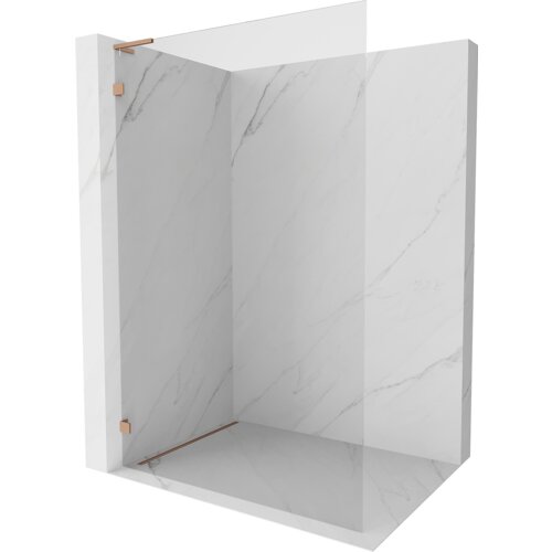 Na zdjęciu znajduje się ścianka prysznicowa typu walk-in o wymiarach 60 x 200 cm, wykonana z transparentnego szkła o grubości 8 mm, z elementami w kolorze miedzi szczotkowanej. Ścianka jest umieszczona w narożniku wyłożonym płytkami imitującymi biały marmur.