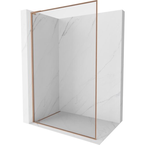 Przeszklona ścianka prysznicowa z miedzianą ramką, ustawiona na tle białych, marmurowych płytek. Produkt ma minimalistyczny design i przezroczyste szkło.