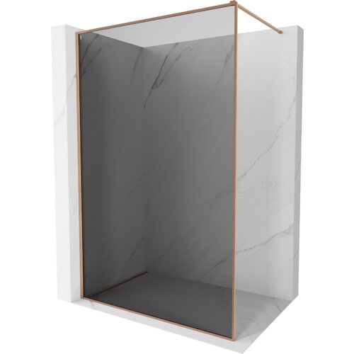 Ścianka prysznicowa Walk-in z ramką w kolorze miedzi szczotkowanej, wykonana z grafitowego szkła o grubości 8 mm, umieszczona w marmurowej wnęce. Produkt ma wymiary 130 x 202 cm.