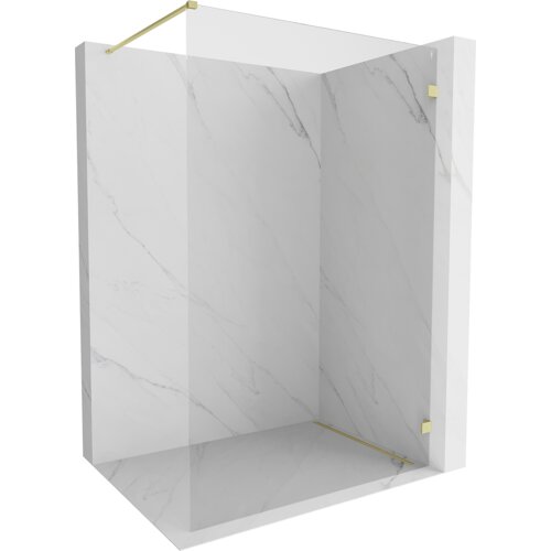 Na zdjęciu znajduje się ścianka prysznicowa typu walk-in o wymiarach 160 x 200 cm, wykonana z transparentnego szkła o grubości 8 mm, z elementami w kolorze złotym szczotkowanym. Ścianka jest umieszczona w narożniku z marmurowymi ścianami.