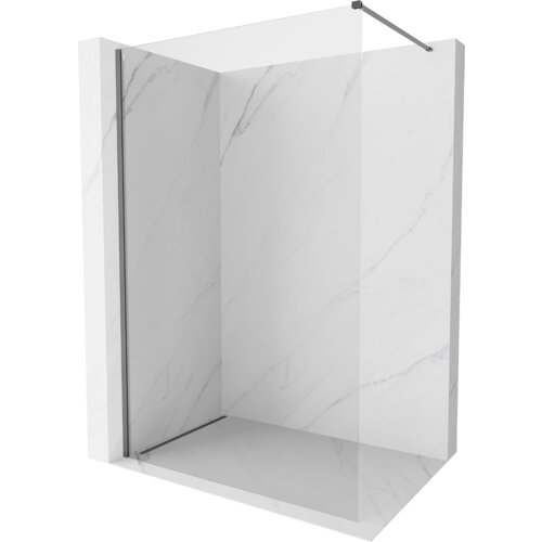 Na zdjęciu znajduje się przezroczysta ścianka prysznicowa typu walk-in o wymiarach 90 x 200 cm, wykonana z grubego szkła, z metalowymi elementami w kolorze gun metal. Ścianka jest zamontowana na tle ścian z jasnego marmuru z delikatnym wzorem.