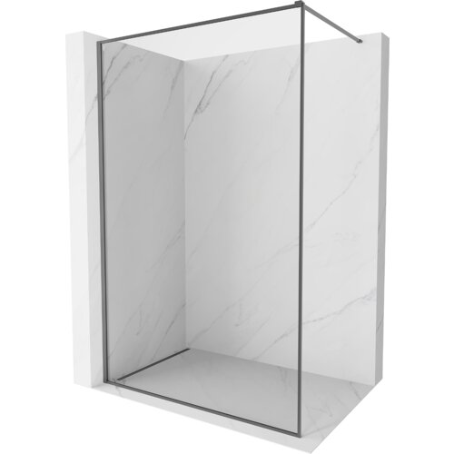 Przedstawiono ściankę prysznicową typu walk-in z ramką w kolorze gun metal, zamontowaną na tle ścian o wzorze marmuru. Produkt jest przezroczysty, a jego wymiary to 75 x 202 cm.