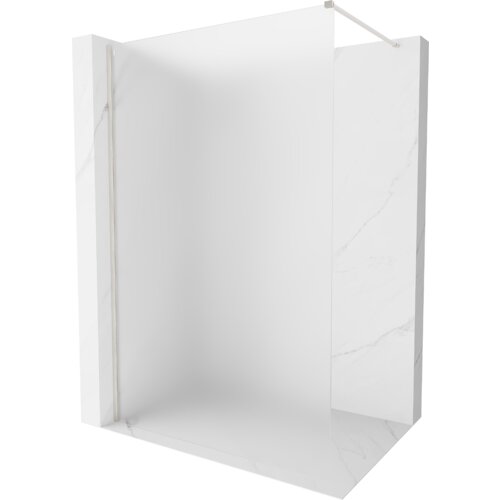 Przedstawiono ściankę prysznicową typu walk-in o wymiarach 110 x 200 cm, wykonaną z matowego szkła o grubości 10 mm, z elementami w kolorze niklu szczotkowanego. Ścianka jest zamontowana na białej, marmurowej powierzchni.