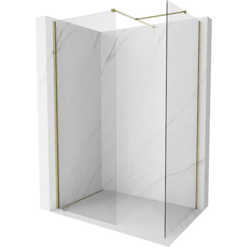 Przedstawiono ściankę prysznicową typu walk-in o wymiarach 120 x 120 cm, wykonaną z przezroczystego szkła o grubości 10 mm, z elementami w kolorze złotym. Ścianka jest zamontowana na tle imitującym marmur, z widocznymi złotymi profilami i wspornikami.