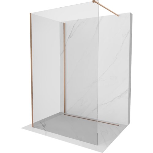Przedstawiono ściankę prysznicową typu walk-in o wymiarach 100 x 90 cm, wykonaną z przezroczystego szkła z elementami w kolorze miedzi szczotkowanej. Ścianka jest umieszczona na tle imitującym marmur.