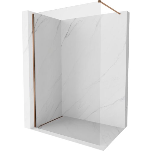 Przeszklona ścianka prysznicowa typu walk-in o wymiarach 160 x 200 cm, wykonana z transparentnego szkła o grubości 10 mm, z elementami w kolorze różowego złota. Ścianka jest umieszczona na tle imitującym marmur.