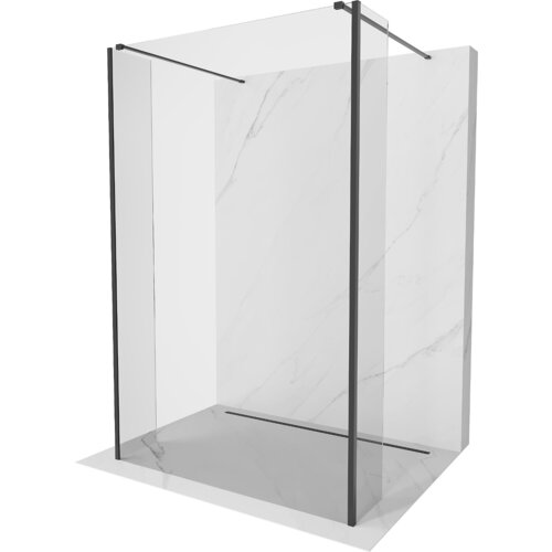 Przezroczysta ścianka prysznicowa wolnostojąca o wymiarach 95 x 30 x 30 cm z czarnymi elementami konstrukcyjnymi, ustawiona na tle imitującym marmur. Produkt oznaczony jako "Mexen Kioto - 800-095-030-222-70-00-030".