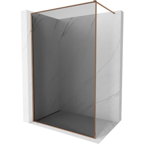 Na zdjęciu widoczna jest ścianka prysznicowa Walk-in z grafitowym szkłem i ramką w kolorze różowego złota, umieszczona w marmurowej wnęce. Produkt ma minimalistyczny design i prostokątny kształt.