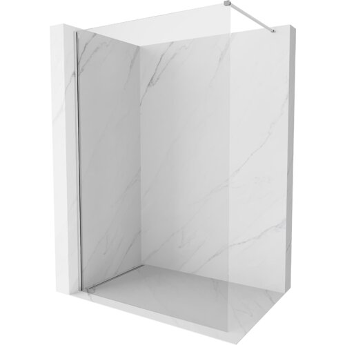 Przedstawiono ściankę prysznicową typu walk-in o wymiarach 80 x 200 cm, wykonaną z transparentnego szkła o grubości 10 mm, z chromowanymi elementami. Ścianka jest zamontowana w narożniku z marmurowymi płytkami na ścianach.