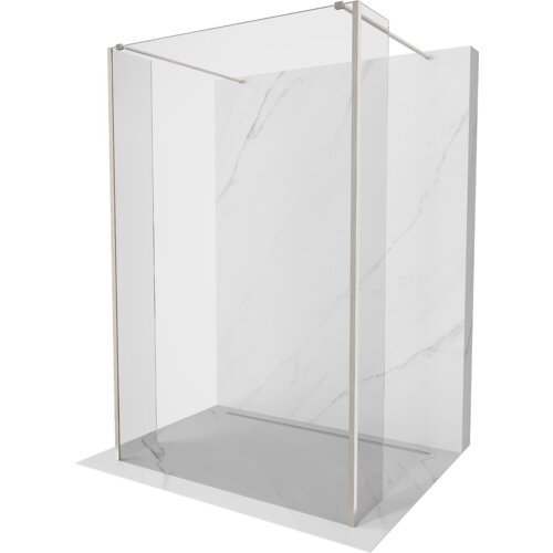 Przedstawiono ściankę prysznicową wolnostojącą o wymiarach 95 x 30 x 30 cm, wykonaną z transparentnego szkła i wykończoną w niklu szczotkowanym. Produkt ma prostą konstrukcję z metalowymi wspornikami i jest umieszczony na tle imitującym marmur.