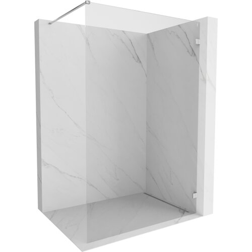 Na zdjęciu znajduje się ścianka prysznicowa typu walk-in o wymiarach 100 x 200 cm, wykonana z przezroczystego szkła o grubości 8 mm, z chromowanymi elementami mocującymi. Ścianka jest ustawiona na tle ścian z jasnego marmuru z delikatnym wzorem żyłek.