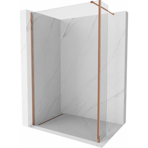 Przesłane zdjęcie przedstawia ściankę prysznicową typu walk-in o wymiarach 110 x 30 cm, wykonaną z transparentnego szkła z elementami w kolorze różowego złota. Ścianka jest umieszczona w narożniku z marmurowymi ścianami.