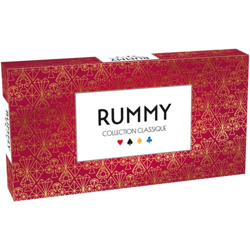 Czerwone pudełko z geometrycznym złotym wzorem zawiera biały prostokąt z czarnym napisem "RUMMY COLLECTION CLASSIQUE" oraz symbolami karcianymi: serce, pik, karo i trefl.