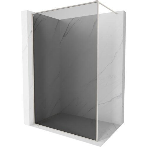 Ścianka prysznicowa typu walk-in z ramką, wykonana z grafitowego szkła o grubości 8 mm, z wykończeniem w kolorze niklu szczotkowanego. Produkt ma wymiary 70 x 202 cm i jest umieszczony w marmurowej wnęce.
