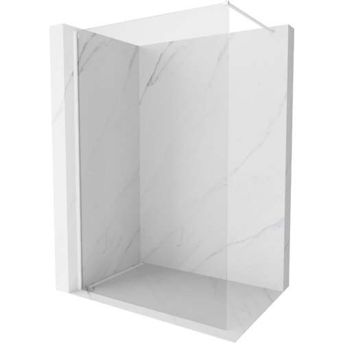 Na zdjęciu widać nowoczesną kabinę prysznicową z przezroczystymi szklanymi ściankami i marmurowym wykończeniem. Kabina ma minimalistyczny design i jest otwarta z jednej strony.