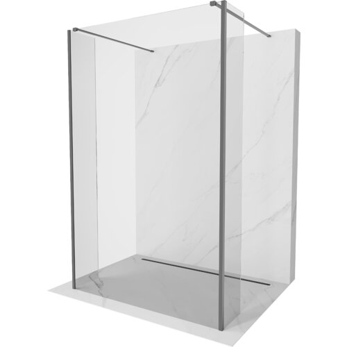 Przedstawiono ściankę prysznicową wolnostojącą o wymiarach 140 x 30 x 30 cm, wykonaną z transparentnego szkła i wykończoną w kolorze gun metal. Produkt ma prostą konstrukcję z metalowymi profilami i jest ustawiony na tle imitującym marmur.