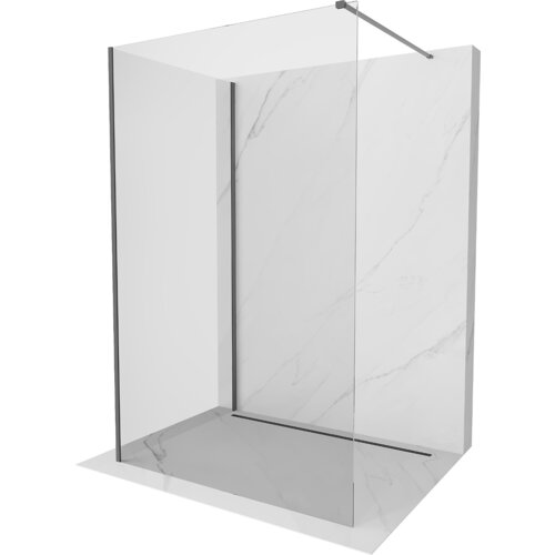 Przeszklona ścianka prysznicowa typu walk-in o wymiarach 110 x 70 cm, z transparentnym szkłem i metalowymi elementami w kolorze gun metal. Ścianka jest umieszczona na tle imitującym marmur.