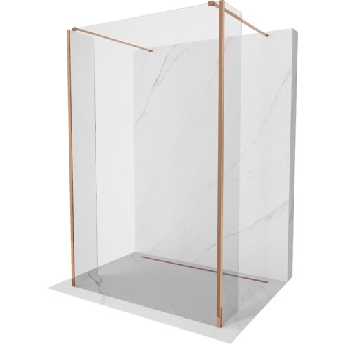 Na zdjęciu znajduje się wolnostojąca ścianka prysznicowa o wymiarach 105 x 30 x 30 cm, wykonana z przezroczystego szkła z elementami w kolorze różowego złota. Produkt ma prostą konstrukcję z metalowymi wspornikami i jest umieszczony na tle imitującym marmur.