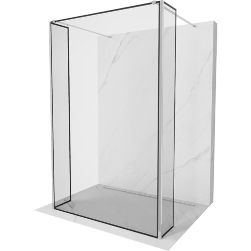 Szklana ścianka prysznicowa z czarną ramką i chromowanymi elementami, ustawiona na marmurowej podłodze i tle. Produkt ma prostokątny kształt i minimalistyczny design.