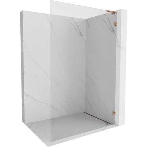 Przedstawiono ściankę prysznicową typu walk-in o wymiarach 110 x 200 cm, wykonaną z przezroczystego szkła o grubości 8 mm, z elementami w kolorze różowego złota. Ścianka jest zamontowana na tle imitującym marmur, z widocznymi delikatnymi żyłkami.