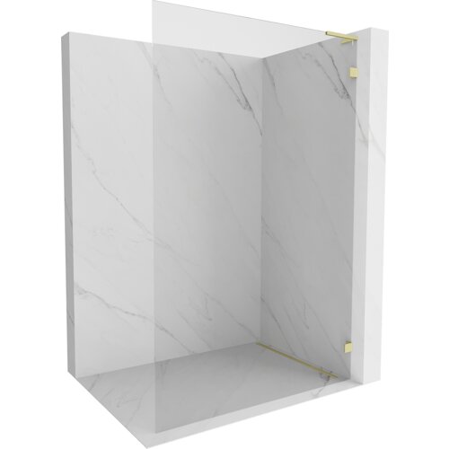 Przesłane zdjęcie przedstawia ściankę prysznicową typu Walk-in o wymiarach 90 x 200 cm, wykonaną z przezroczystego szkła o grubości 8 mm, z elementami w kolorze złotym szczotkowanym. Ścianka jest umieszczona w narożniku wyłożonym płytkami imitującymi marmur.