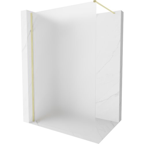 Na zdjęciu znajduje się ścianka prysznicowa typu walk-in o wymiarach 160 x 200 cm, wykonana z matowego szkła o grubości 10 mm, z elementami w kolorze złotym szczotkowanym. Ścianka jest zamontowana w białej przestrzeni z marmurowym wzorem.