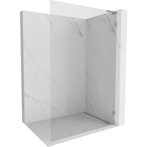 Na zdjęciu znajduje się ścianka prysznicowa typu walk-in o wymiarach 110 x 200 cm, wykonana z przezroczystego szkła o grubości 8 mm, z elementami w kolorze miedzi szczotkowanej. Ścianka jest umieszczona w narożniku wyłożonym płytkami imitującymi biały marmur z delikatnymi szarymi żyłkami.