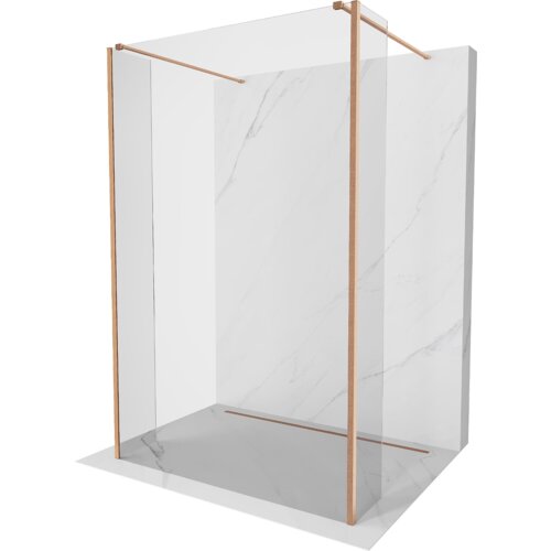 Przedstawiono ściankę prysznicową wolnostojącą o wymiarach 110 x 30 x 30 cm, wykonaną z transparentnego szkła z elementami w kolorze miedzi szczotkowanej. Ścianka stoi na marmurowej powierzchni z delikatnym wzorem.