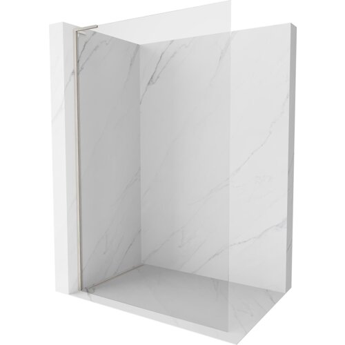 Przedstawiono ściankę prysznicową typu walk-in o wymiarach 100 x 200 cm, wykonaną z przezroczystego szkła o grubości 10 mm, z elementami w kolorze niklu szczotkowanego. Ścianka jest umieszczona w narożniku z marmurowymi płytkami na ścianach i podłodze.