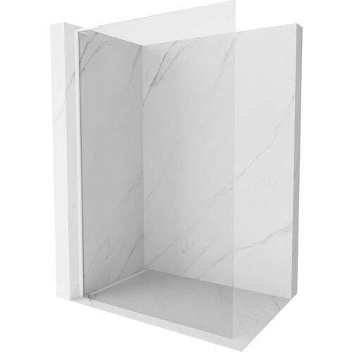 Na zdjęciu znajduje się ścianka prysznicowa typu walk-in o wymiarach 110 x 200 cm, wykonana z transparentnego szkła o grubości 10 mm, z białymi elementami konstrukcyjnymi. Ścianka jest ustawiona na tle imitującym marmur.