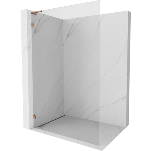 Na zdjęciu znajduje się ścianka prysznicowa typu walk-in o wymiarach 100 x 200 cm, wykonana z przezroczystego szkła o grubości 8 mm, z elementami w kolorze różowego złota. Ścianka jest umieszczona w narożniku z marmurowymi ścianami.