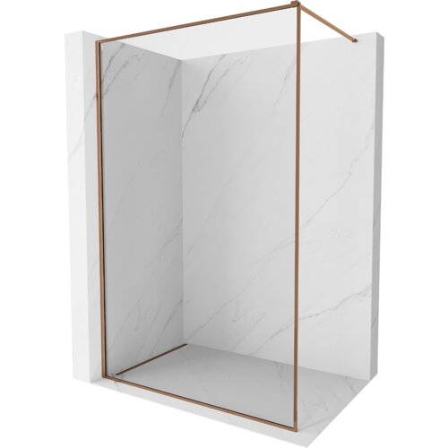 Przeszklona ścianka prysznicowa z ramką w kolorze różowego złota, zamontowana na tle białych, marmurowych płytek. Produkt ma minimalistyczny design i prostokątny kształt.