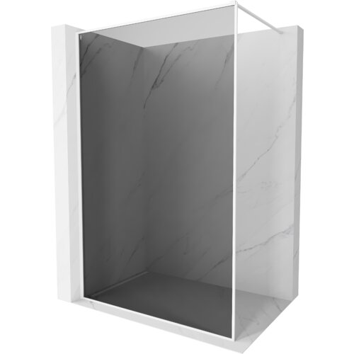 Na zdjęciu znajduje się ścianka prysznicowa typu walk-in z białą ramką, wykonana z grafitowego szkła o grubości 8 mm. Ścianka ma wymiary 70 x 202 cm i jest umieszczona w marmurowej wnęce.